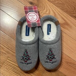 Life Is Good Gray Slippers with Christmas Tree Design